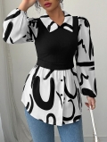 Women Elegant Faux Two-Piece Blouse Abstract Print Turnover Collar Bubble Long Sleeve Pullover Tops For Casual Party Daily Wear