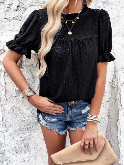 Women's Hollow Out Eyelet Embroidery Short Sleeve Blouse Ruffle Collar Lace Mesh Top Casual Summer Vacation Shirts For Women
