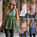 Women's Sleeveless Mock Neck Top Elegant Polyester Ruffle Layered Peplum Blouse With Leopard Animal Print Texture For Daily Office Dating Slim Fit Ladies Shirt