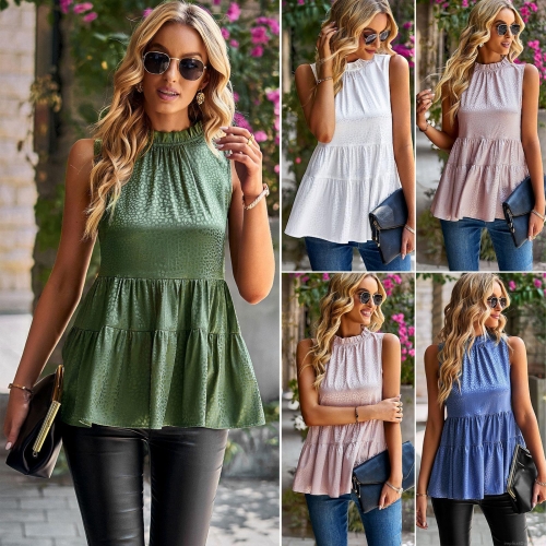 Women's Sleeveless Mock Neck Top Elegant Polyester Ruffle Layered Peplum Blouse With Leopard Animal Print Texture For Daily Office Dating Slim Fit Ladies Shirt