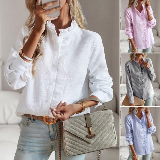 Women's Elegant Ruffle Blouse Long Sleeve Polyester Cotton Blend Striped Solid Color Shirt With Lotus Leaf Collar Texture Fabric Casual Daily Tops For Women