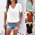Women Casual V Neck Flutter Sleeve Top Elegant 100% Polyester Swiss Dot Blouse Loose Fit Short Sleeve Summer Shirt For Ladies