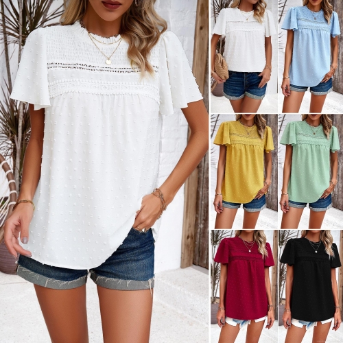 Women's Swiss Dot Lace Patchwork Blouse Short Sleeve Ruffle Smocked Top Summer Casual Hollow Out Round Neck Blouse With Back Tie For Ladies