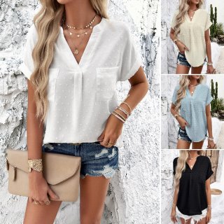 Women's Casual V Neck Swiss Dot Blouse Short Sleeve Pom Pom Shirt 100% Polyester Dobby Summer Loose Top With Back Buttons For Daily Beach Office