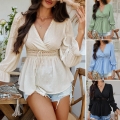 Women's Bohemian V Neck Blouse Polyester Cotton Swiss Dot Hollow Lace Patchwork Top Lantern Sleeve Ruffle Cuff Tie Waist Shirt For Vacation Casual Summer Spring