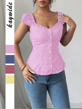 Elegant Striped Blouse Top 100% Polyester Heart Neck Button Up Ruffle Hem Puff Short Sleeve Shirt For Women Daily Casual Wear