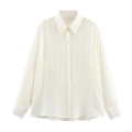 Women's Elegant Textured Long Sleeve Blouse Loose Fit Solid Color Button Down Shirt Lapel Collar Puff Sleeve Casual Tops For Women