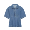 Women's Denim Blue Polyester Short Sleeve Puff Blouse With Polo Collar Slim Fit Waist Cinch Pleated Shirt Top Casual Fashion Women's Clothing