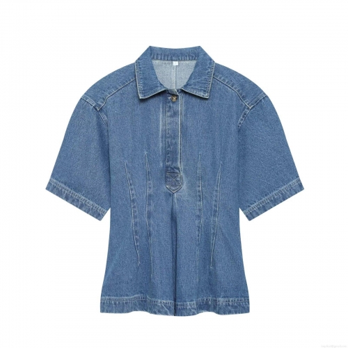 Women's Denim Blue Polyester Short Sleeve Puff Blouse With Polo Collar Slim Fit Waist Cinch Pleated Shirt Top Casual Fashion Women's Clothing