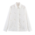 Women's French Romantic White Embroidered Blouse Hollow Out Long Bubble Sleeve Shirt Turn Down Collar Elegant Loose A-Line Top For Ladies