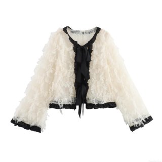 Women Elegant French Style Short Jacket Blouse Lace Mesh Feather Fringe Top With Black Bow Tie Ruffle Trim Sweet Long Sleeve Outerwear For Party Date Night