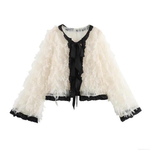 Women Elegant French Style Short Jacket Blouse Lace Mesh Feather Fringe Top With Black Bow Tie Ruffle Trim Sweet Long Sleeve Outerwear For Party Date Night