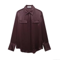 Women Elegant Satin Button Down Blouse Long Sleeve Lapel Shirt With Pockets Office Lady Work Plain Casual Loose Top