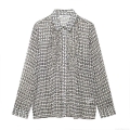 French Style Elegant Geometric Print Chiffon Blouse For Women Long Sleeve Pleated Lapel Shirt Office Commute Tops With Gold Thread Detail