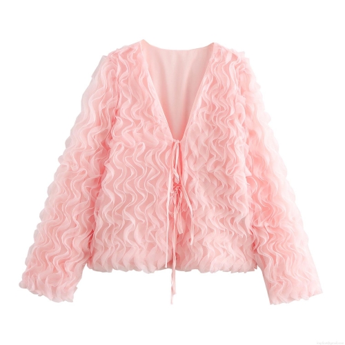 Elegant Pink Lace Mesh Blouse Women Sweet 3D Ripple Ruffle V-Neck Tie-Up Long Sleeve Top For Wedding Party Guest Romantic Celebrity Style