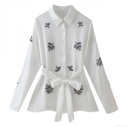 Elegant White Beaded Leaf Pattern Blouse Women's Long Sleeve Lapel Waist Tie Shirt Office Commute Polyester Tops For Lady Elegant White Beaded Leaf Pattern Blouse Women's Long Sleeve Lapel Waist Tie Shirt Office Commute Polyester Tops For Lady