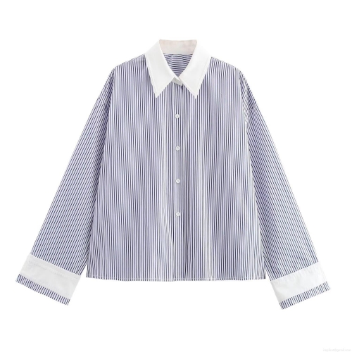 Women Loose Striped Shirt Contrast White Collar Cuff Long Sleeve Blouse Preppy Commuter Style Polyester Poplin Top for Office Daily Wear