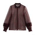 Women's Sheer Mesh Blouse Red Flocked Heart Pattern Shirt Lantern Sleeve Ruffle Cuff Button Down Sweet Sexy See Through Top For Women