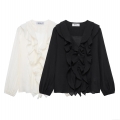 Women's Elegant V-Neck Ruffle Chiffon Blouse Long Lantern Sleeve Layered Decorated Solid Color Casual Sweet Tops For Lady Spring Autumn