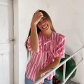 Women Sweet Puff Sleeve Ribbon Bowtie Blouse Striped Leopard Print Ruffle Hem Short Sleeve Top For Teen Girls Ladies Casual Summer Shirts