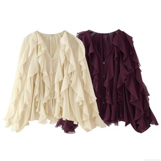 Women's Elegant V-Neck Chiffon Blouse With Layered Ruffles Long Sleeve Button Down Shirt Casual Loose Top For Women