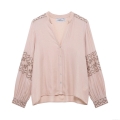 Women's Retro V-Neck Long Sleeve Blouse Vintage Floral Embroidery Loose Fit Polyester Top Elegant Casual Shirt For Ladies Spring Autumn