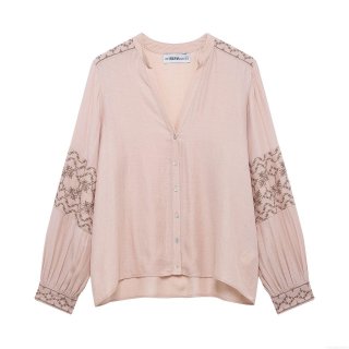 Women's Retro V-Neck Long Sleeve Blouse Vintage Floral Embroidery Loose Fit Polyester Top Elegant Casual Shirt For Ladies Spring Autumn