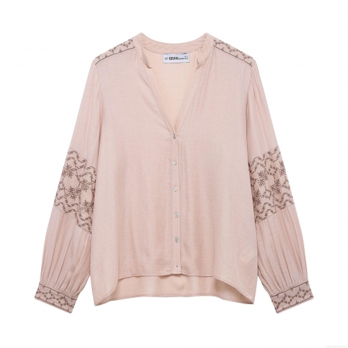 Women's Retro V-Neck Long Sleeve Blouse Vintage Floral Embroidery Loose Fit Polyester Top Elegant Casual Shirt For Ladies Spring Autumn