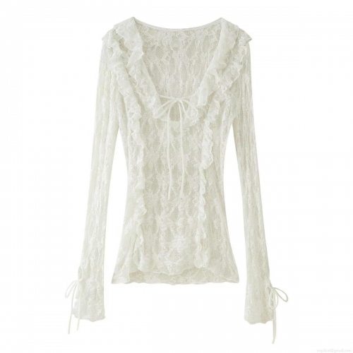 Sexy Lace V Neck Blouse Women Ruffle Bowknot Tie Front Long Sleeve Tops Elegant Sheer Polyester Flower Lace Shirt For Party Dating Summer