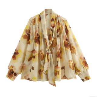 Women's Elegant Floral Print Chiffon Blouse Intellectual Tie-Neck Bow Long Sleeve Shirt Casual Loose Commuter Tops Yellow Brown Spring Autumn