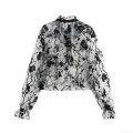 Women's Vintage Sheer Mesh Blouse Sexy Flocking Floral Lace-up Stand Collar Long Sleeve Ruffle Cuff Pullover Top Elegant Party Casual Shirt