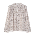 Women's Elegant Floral Chiffon Blouse Ruffle Trim Stand Collar Long Sleeve Shirt Vintage Office Daily Casual Sheer Texture Tops With Wood Buttons