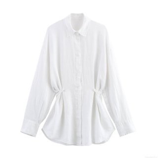 Women's Loose Linen Blend Long Sleeve Shirt Casual Breathable Adjustable Drawstring Waist Button Down Blouse Top for Daily Wear