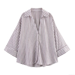 Women's Casual Linen Blend Striped Shirt V Neck Loose Fit 3/4 Sleeve Button Down Blouse Top for Summer Office Lady