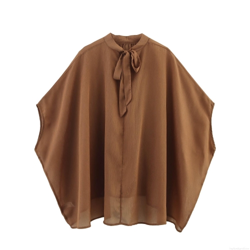 Women's Elegant Chiffon Blouse With Bow Tie Neck Batwing Sleeve Loose Fit Solid Color Short Sleeve Pullover Top For Spring Summer Casual Fashion Retro Style