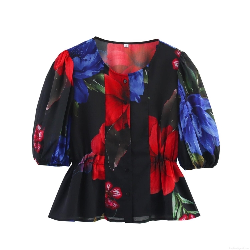 Women's Floral Chiffon Blouse Round Neck Puff Sleeve Slim Waist Short Sleeve Top Ruffle Hem Vintage Elegant Print Summer Office Casual Shirt