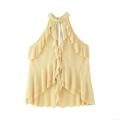 Women's Sleeveless Chiffon Halter Top Ruffle Layered Irregular Hem Blouse Sexy Backless Tie Back Solid Color Summer Tank Top for Party Vacation