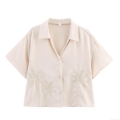 Women Short Sleeve Embroidered Blouse Coconut Tree Pattern Lapel V-Neck Vacation Style Cotton Linen Texture Summer Cropped Top For Beach Resort