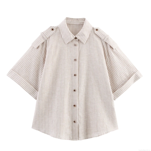 Women's Striped Short Sleeve Shirt Linen Blend Loose Casual Top with Shoulder Tabs and Turn-down Collar Vertical Striped Button Down Blouse for Summer Work Travel