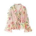 Women's V Neck Long Flare Sleeve Floral Print Chiffon Blouse Ruffle Trim Loose Casual Sweet Pink Shirt Top