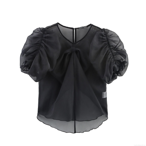 Women's French Style Sheer Black Organza Blouse With Bow Puff Sleeve Sweet Summer Elegant Mesh Shirt Top For Party Dating