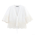 Women's Hollow Out Embroidery Blouse Polyester V Neck Lace Up Short Sleeve Top Bohemian Sweet Floral White Shirt For Summer Vacation