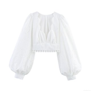 French Elegant Women's White Blouse Hollow Out Eyelet Embroidery Scalloped V Neck Lantern Sleeve Slim Waist Polyester Top Spring Summer Dating Party
