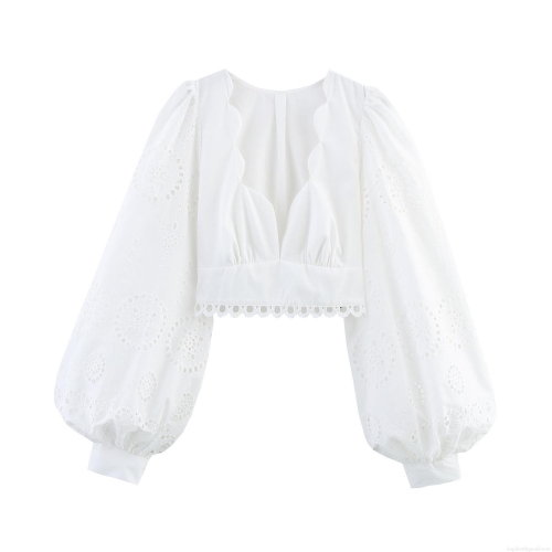 French Elegant Women's White Blouse Hollow Out Eyelet Embroidery Scalloped V Neck Lantern Sleeve Slim Waist Polyester Top Spring Summer Dating Party French Elegant Women's White Blouse Hollow Out Eyelet Embroidery Scalloped V Neck Lantern Sleeve Slim Waist Polyester Top Spring Summer Dating Party