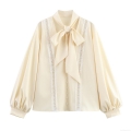Women's Elegant Polyester Lace Patchwork Blouse Sweet Bow Tie Neck Lantern Sleeve Shirt With Pearl Button Casual Loose Long Sleeve Top For Lady