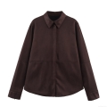 Women Autumn Winter Faux Suede Long Sleeve Shirt Zipper Cuff Slim Fit Lapel Collar Coffee Solid Color Casual Blouse Fashion Jacket Top