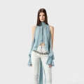 French Elegant Chiffon Blouse Pleated Sleeveless Halter Top with Back Bow Tie-up Loose Breathable Lightweight Summer Shirt for Women