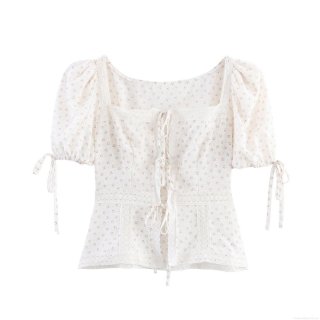 Women's Sweet Pink Floral Short Sleeve Blouse Square Neck Puff Sleeve Top With Lace Splicing And Tie-Up Detail Elegant Summer Fresh Girly Shirt For Women