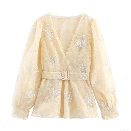 Women Elegant Sequin Mesh V-Neck Blouse With Pearl Buckle Belt Lace Embroidery Long Lantern Sleeve Slim Waist Party Socialite Shirt Top Women Elegant Sequin Mesh V-Neck Blouse With Pearl Buckle Belt Lace Embroidery Long Lantern Sleeve Slim Waist Party Socialite Shirt Top
