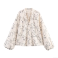 Women's V-Neck Floral Embroidery Blouse Lantern Sleeve Loose Faux Linen Polyester Shirt With Wooden Bead Ties For Spring Summer Casual Boho Ethnic Style